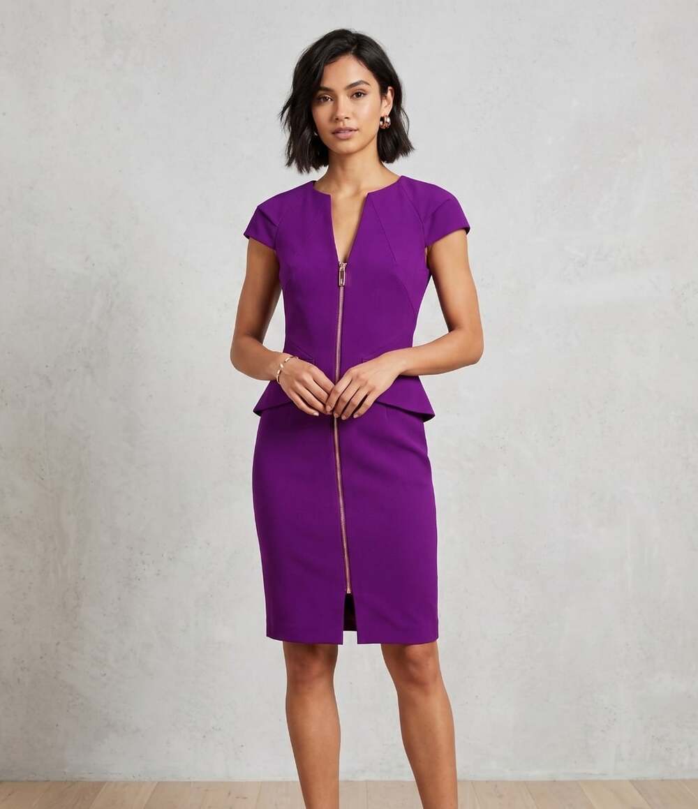 Ted Baker London Fidelle Purple Peplum Sheath Dress Rose Gold Zip Size 1 US 2-4